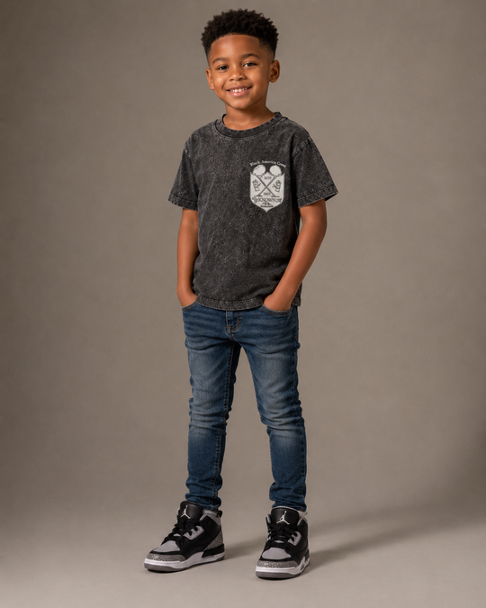 Kids Acid Wash T-Shirt – Black "Black America Crest"
