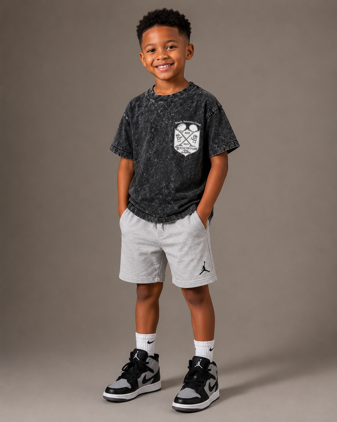 Kids Acid Wash T-Shirt – Black "Black America Crest"
