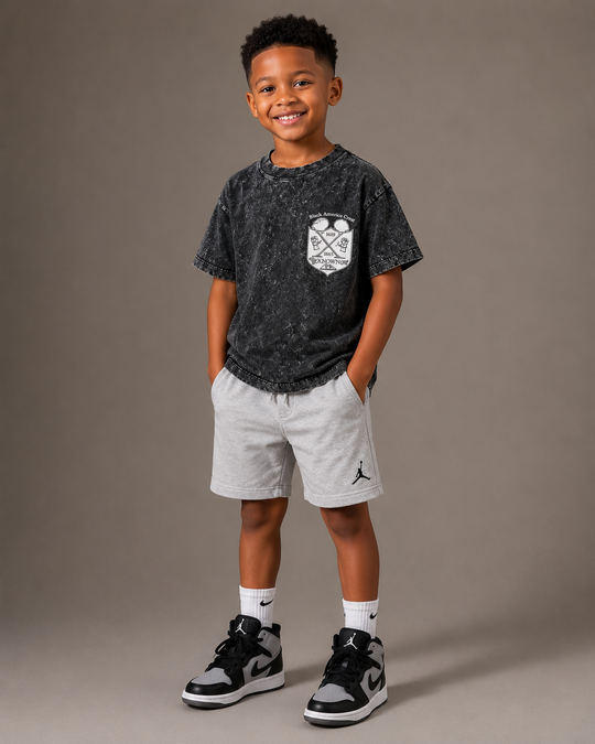 Kids Acid Wash T-Shirt – Black "Black America Crest"