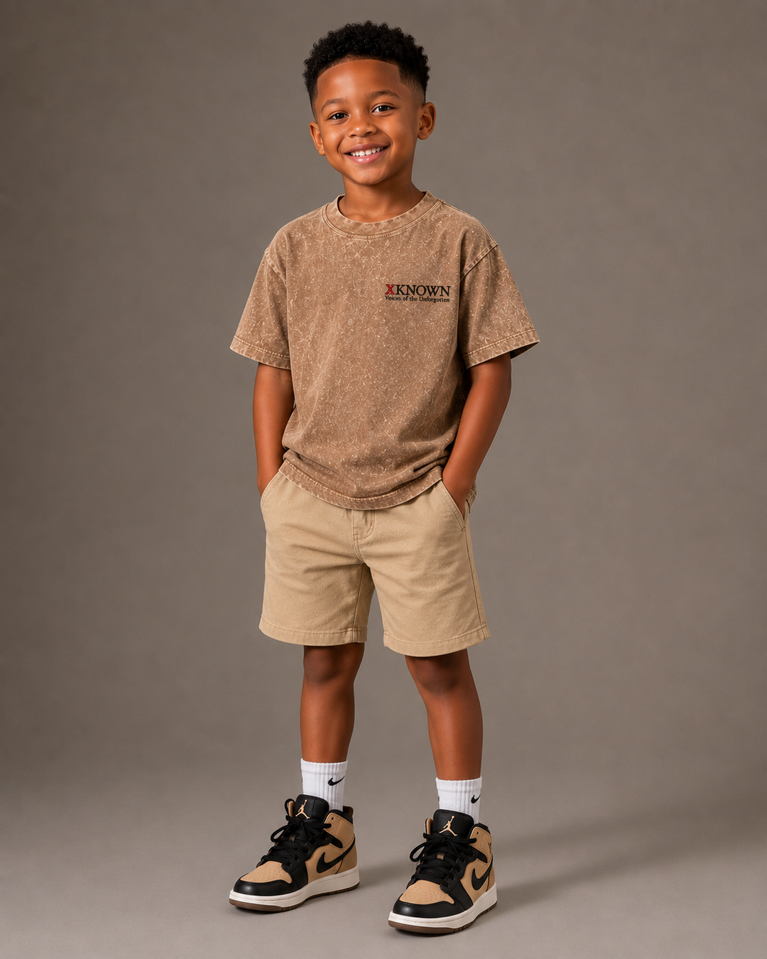 Kids Acid Wash T-Shirt – Brown "Voices of the Unforgotten"
