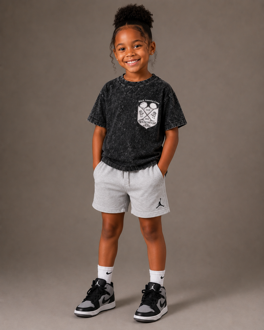 Kids Acid Wash T-Shirt – Black "Black America Crest"