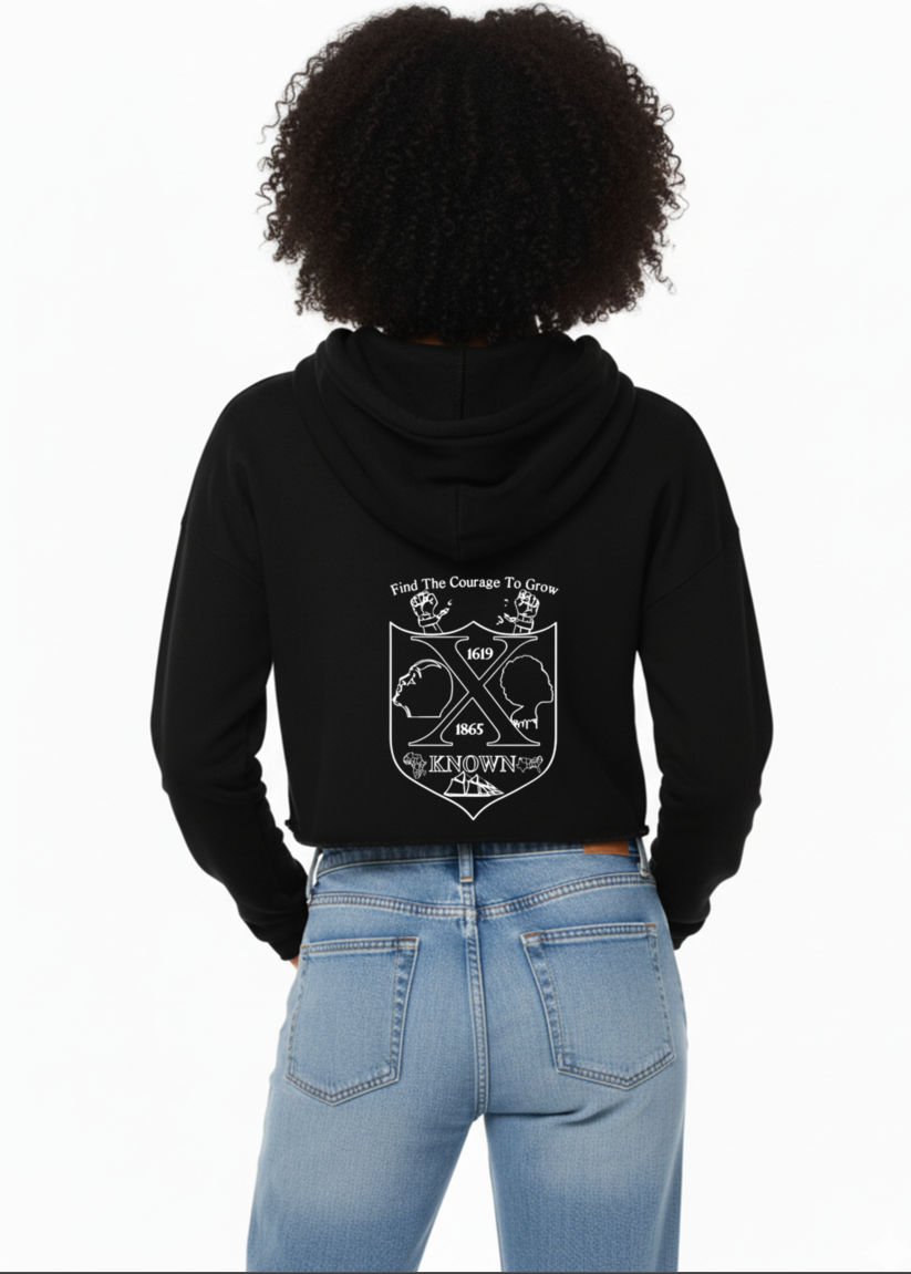 Black Cropped Fleece Hoodie | White Outline Back Logo