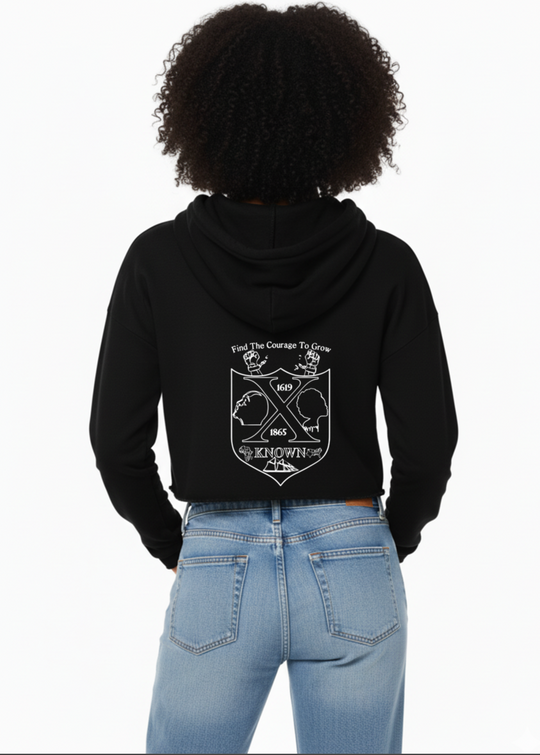 Black Cropped Fleece Hoodie | White Outline Back Logo