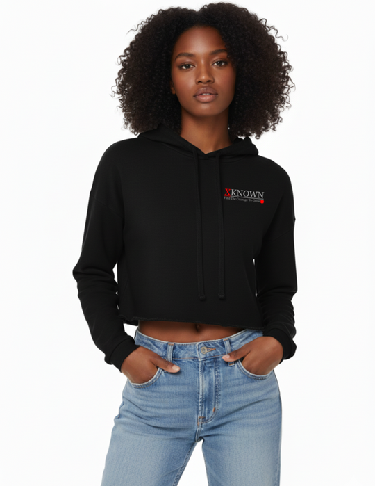 Black Cropped Fleece Hoodie | White Outline Back Logo