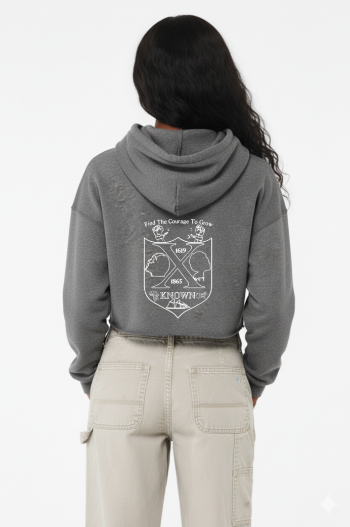 White XKNOWN Cropped Fleece Hoodie | Black Outline Back Logo
