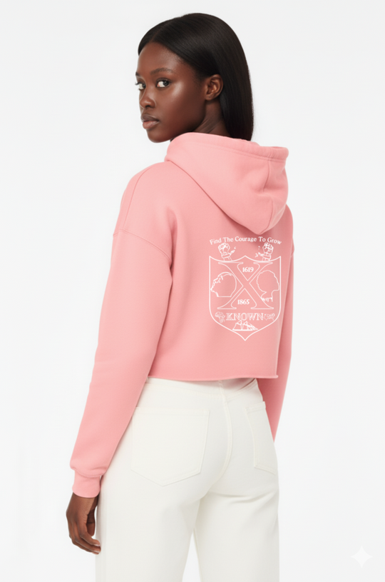Pink Cropped Fleece Hoodie | White Outline Back Logo