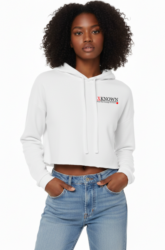 White XKNOWN Cropped Fleece Hoodie | Black Outline Back Logo